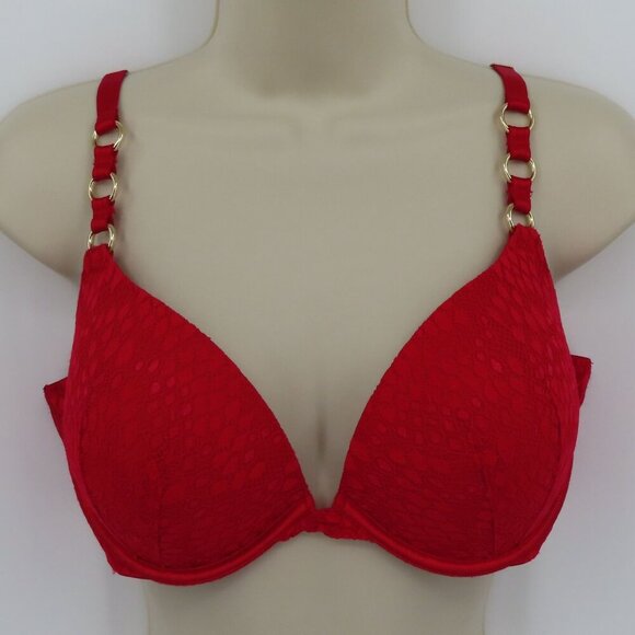 Victorias Secret 38C Very Sexy Push Up Bra Red Lace Gold Ring Underwire Padded - Picture 16 of 16
